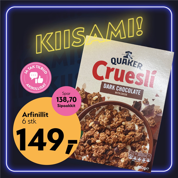 QUAKER CRUESLI MØRK CHOKOLADE 450 G ‼️ BEMÆRK DET SKAL FØRST AFHENTES FREDAG D. 30. OKTOBER ‼️